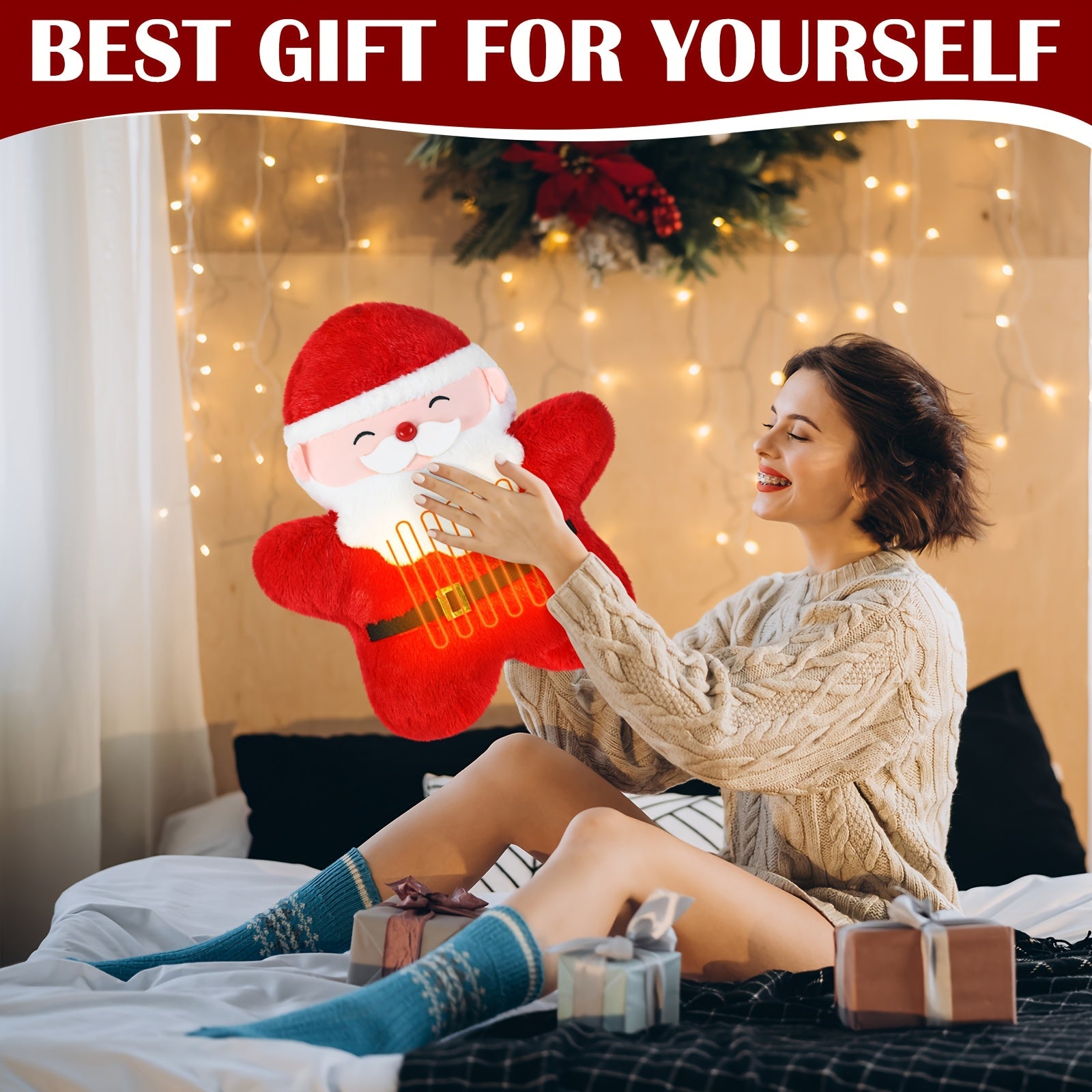 Christmas Women Gifts USB Heated Christmas Santa Claus Pillow Gifts For Women Heating Pad For Pain Relief Cute Stuff Stuffed Pillow For Lumbar Support Holiday Birthday Gifts Home Office Multi-item Party Favor Pack